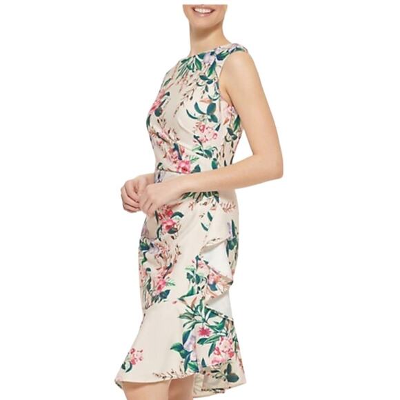 NWT Eliza J Floral Cream Pink Green Ruffled Asymmetric-Hem Sheath Dress 0 - Picture 5 of 16
